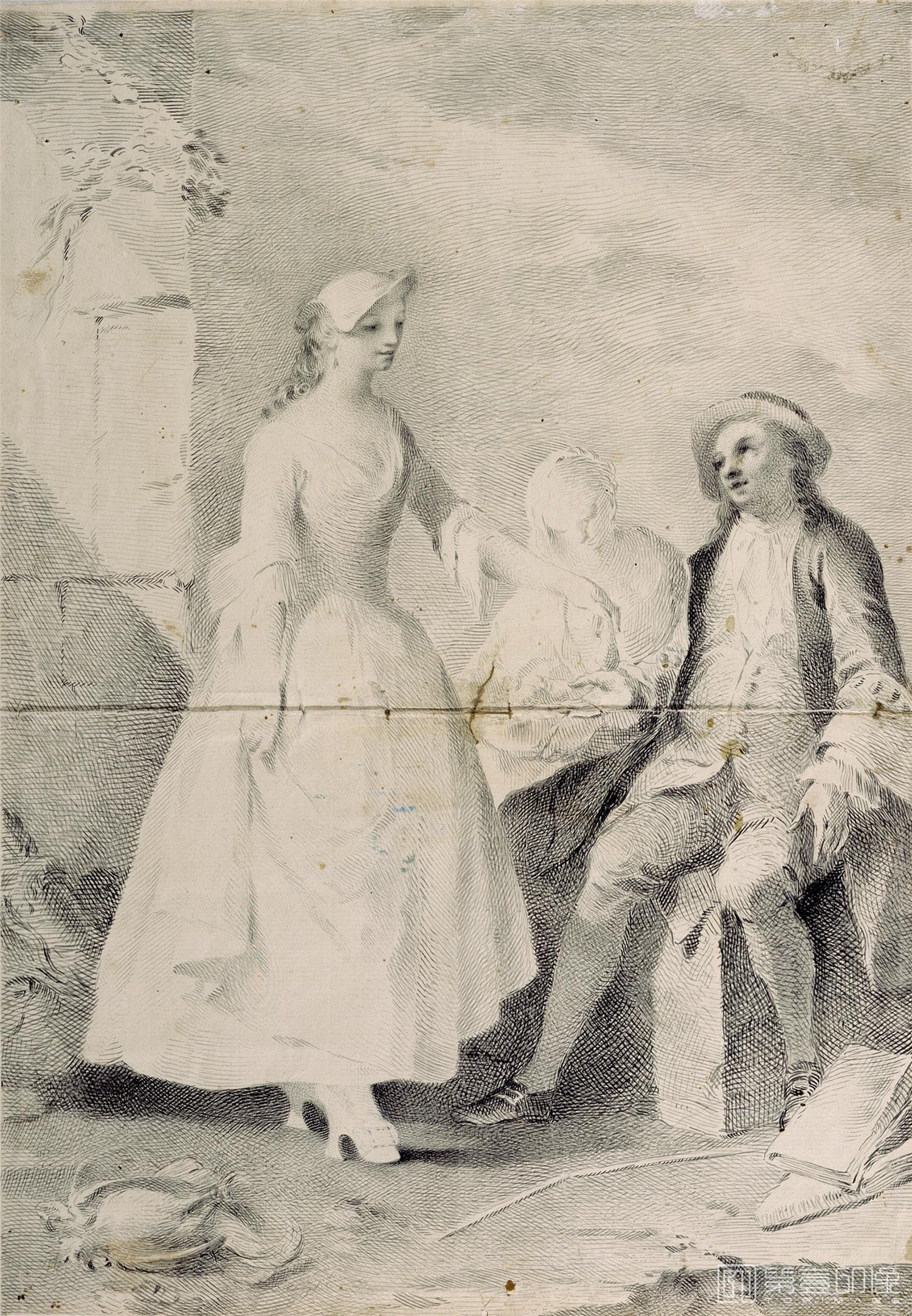 素描-西班牙普拉多美术馆素描藏画-Camaron Bonanat, Jose-Escena galante-0713